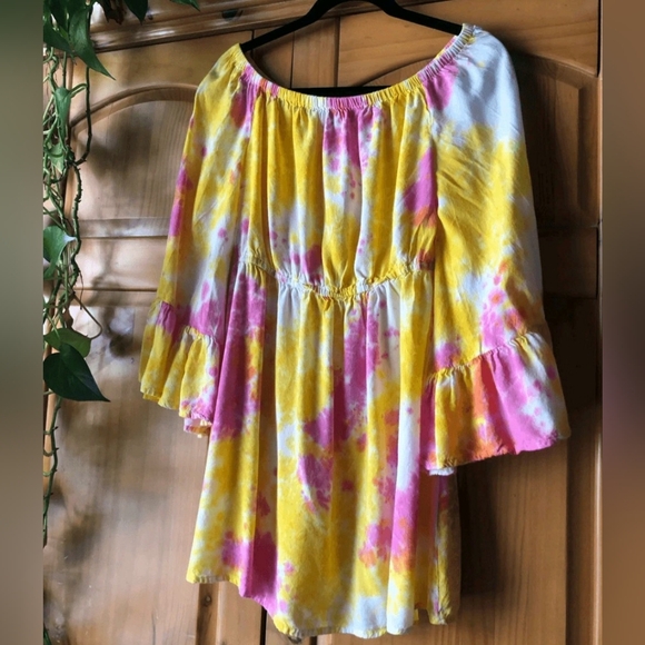 Feathers Yellow and Pink Tie Dye Off Shoulder Ruffle Sleeve Dress Size 3X - Picture 1 of 8